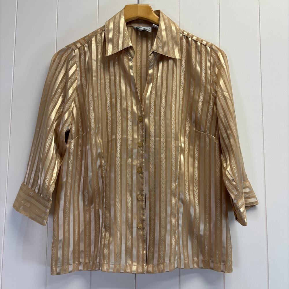 Vintage Joanna Womens Old Money Shimmery‎ Striped Semi-Sheer Blouse Size M Gold